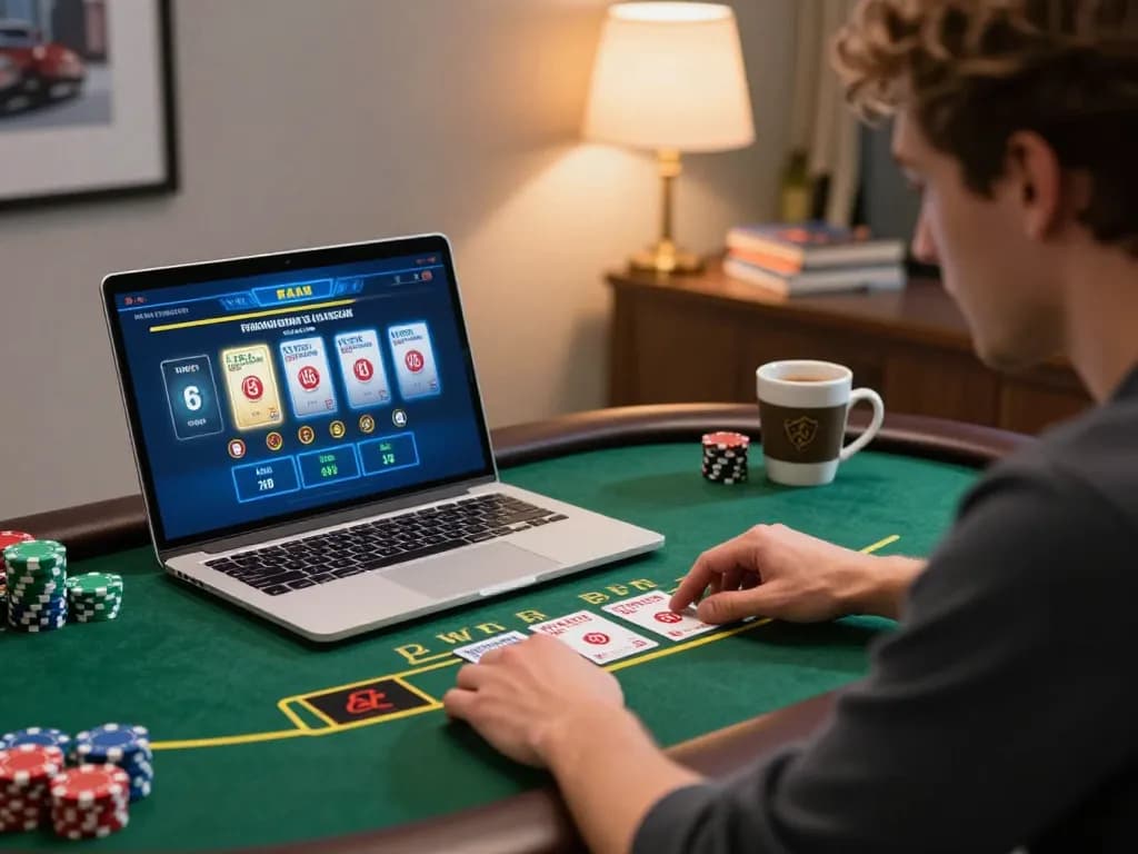 Engaged player enjoying blackjack on laptop, studentvoiceaustralia showcasing online gambling strategies.