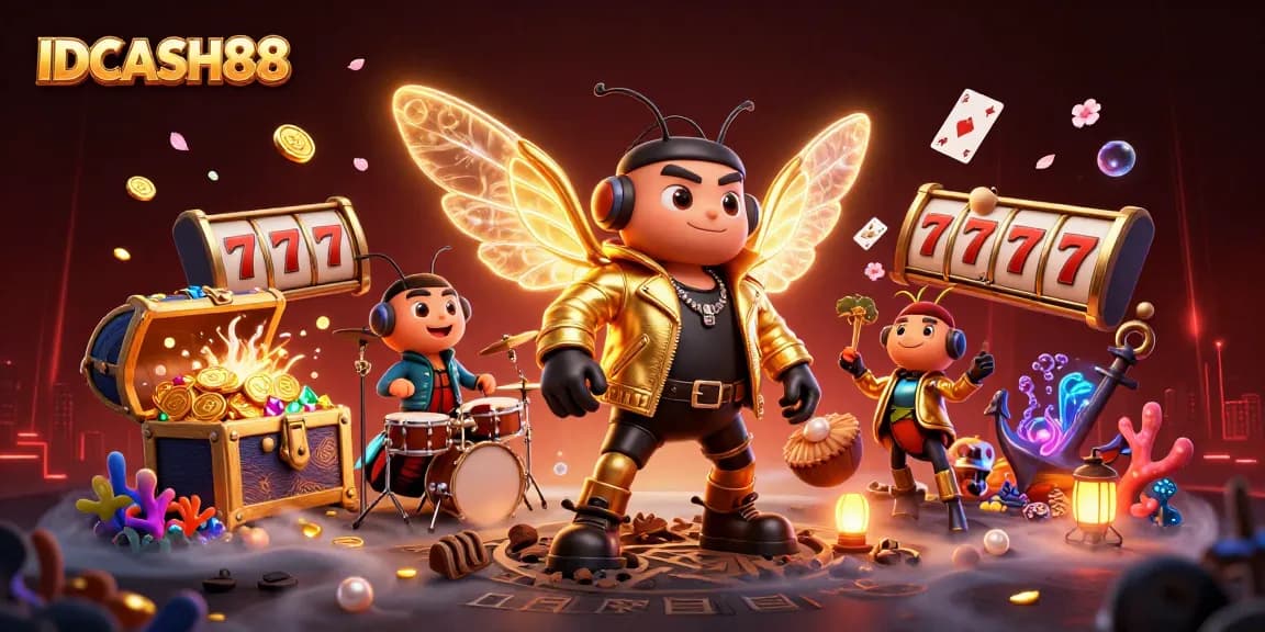 IDCASH88 showcases a vibrant scene of excitement with a cicada rock star, slot reels, and dynamic casino elements.