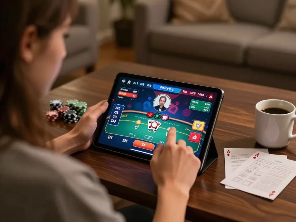 Engaged player using MM88 online casino app for poker game while surrounded by personal notes and warm lighting