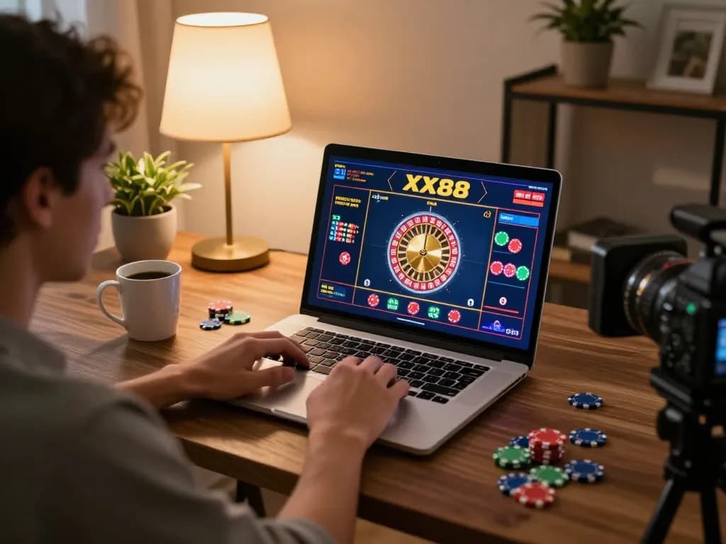 Player enjoying a thrilling online roulette game on XX88 platform from a stylish home desk.