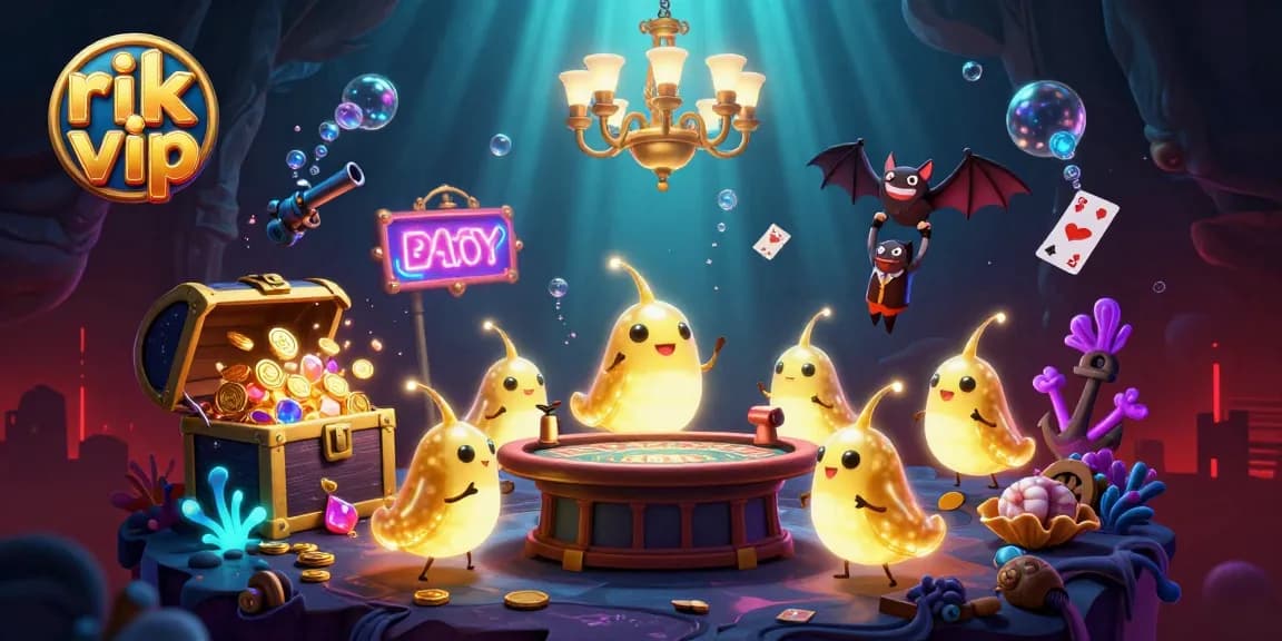 Engage with the vibrant rik vip casino scene featuring glowworms, gold coins, and a bat dealer.
