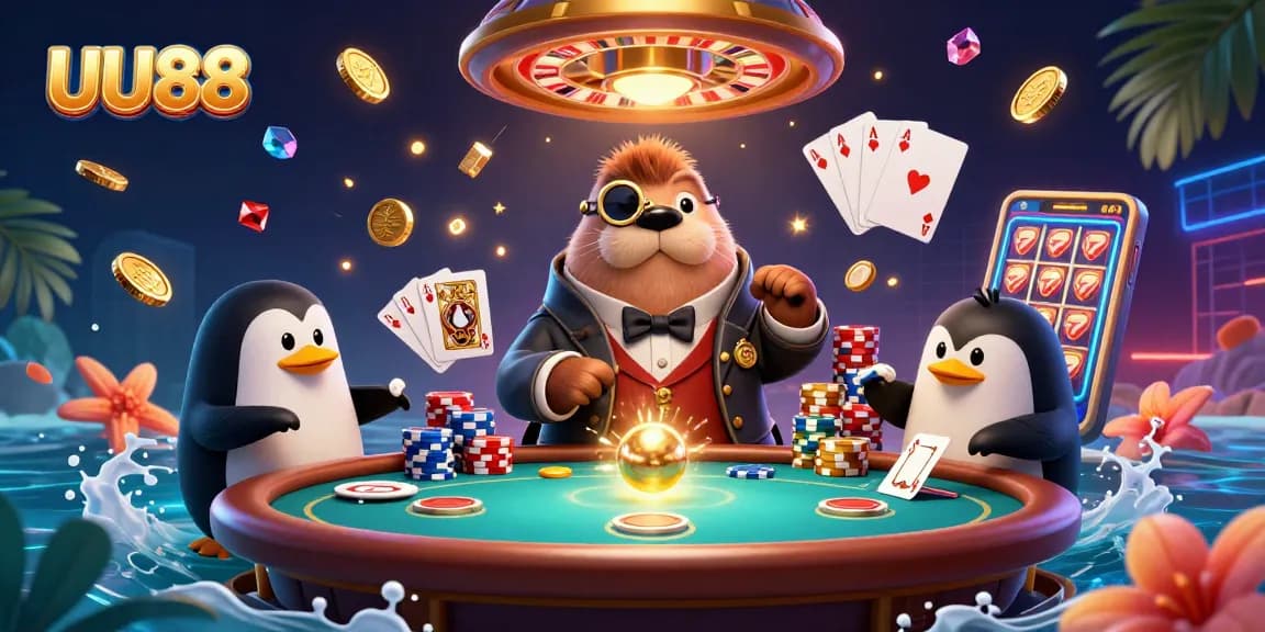 UU88 showcases a vibrant underwater poker game with whimsical characters and dynamic casino elements.