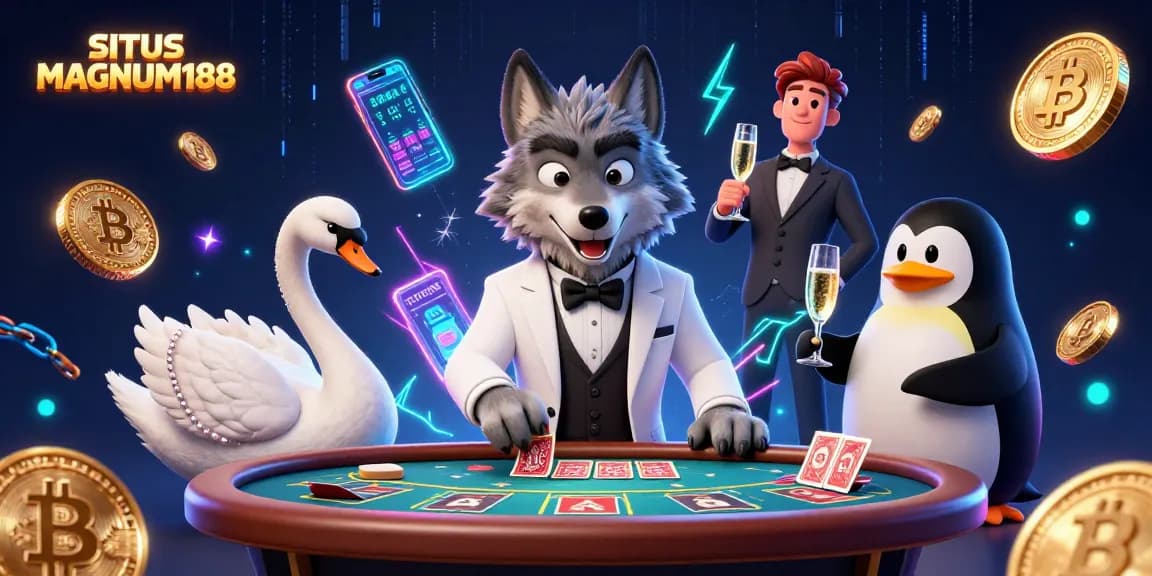Experience thrilling gameplay at SITUS MAGNUM188 with a vibrant casino atmosphere featuring a debonair wolf and elegant characters.