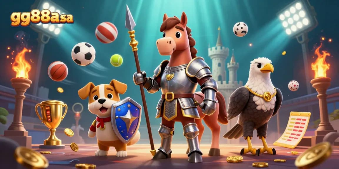 Engage with a lively scene showcasing gg88a sa featuring a knight, squire, and falcon amidst dynamic sports elements.