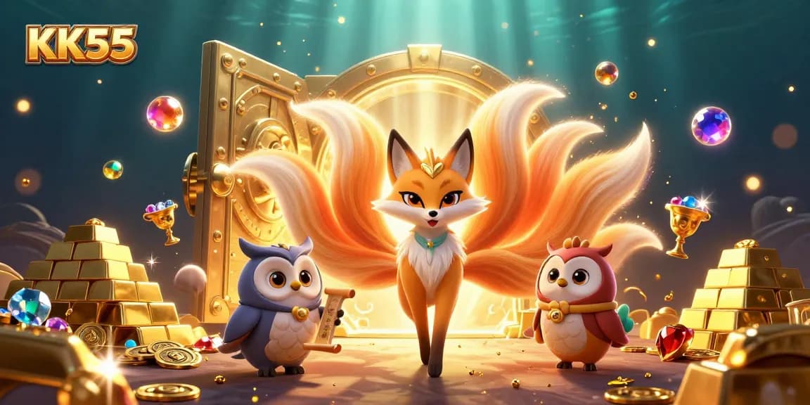 Experience KK55's vibrant gaming world with a colorful nine-tailed fox and treasures.