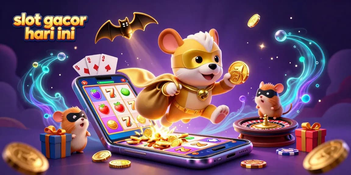 Engage in slot gacor hari ini with a colorful scene of a superhero dog and sidekick amidst vibrant casino elements.