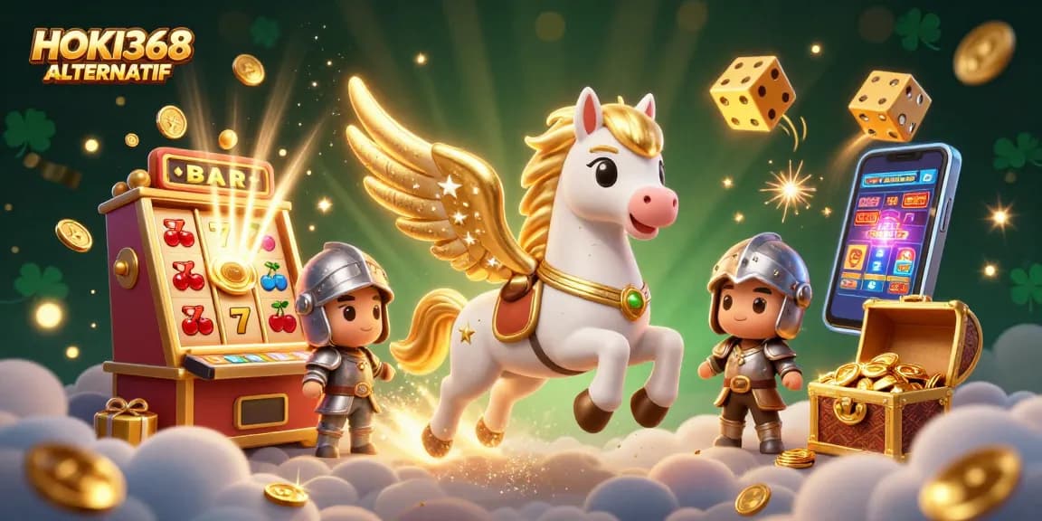 Experience the thrill of HOKI368 ALTERNATIF with a dynamic illustration featuring slot machines, golden coins, and an enchanting celestial horse.