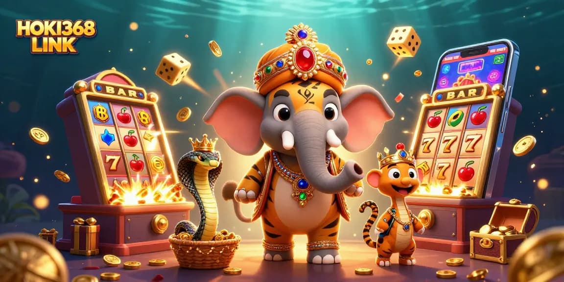 Experience HOKI368 LINK with a vibrant casino scene featuring a royal tiger and treasure galore.