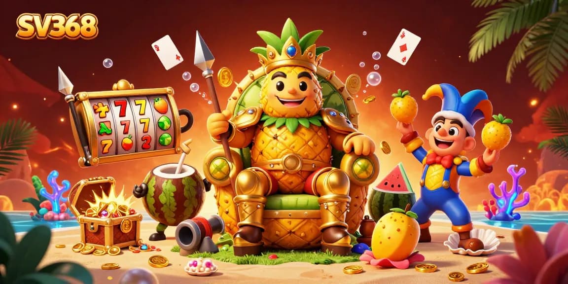 Engage with SV368 showcasing a vibrant casino scene, featuring a pineapple king and lively characters.