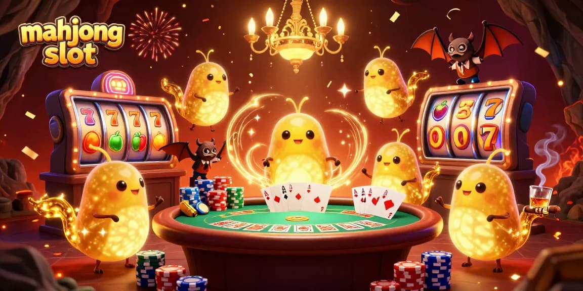 Engage in mahjong slot excitement with glowworms lighting a vibrant casino scene.