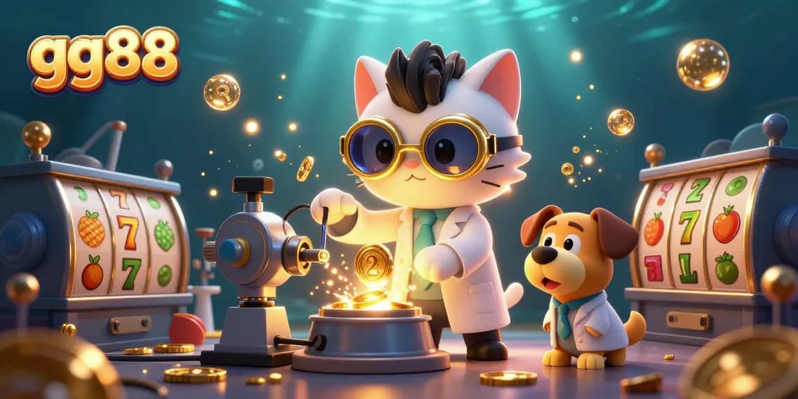 Experience thrilling slots with gg88, showcasing a mad scientist cat and his dog in an action-packed casino scene.