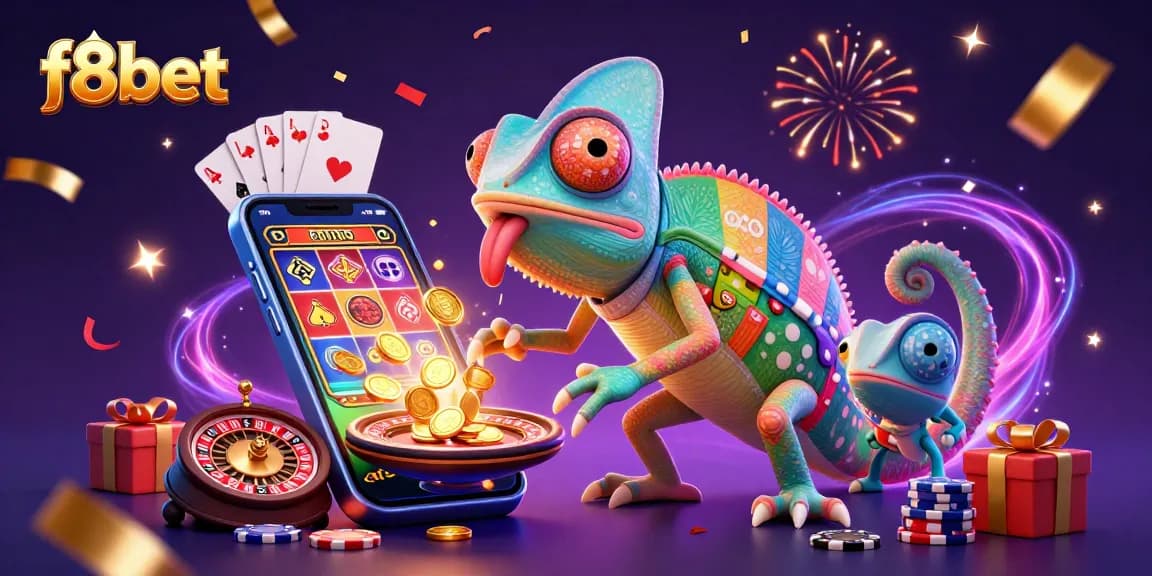 Experience f8bet's colorful casino world with a chameleon owner in a vibrant, dynamic gaming scene.