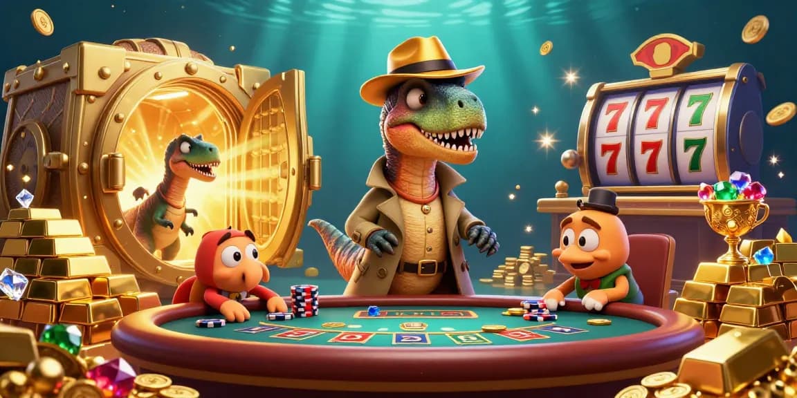 Experience the thrilling gameplay at slot365 with a velociraptor card counter and treasures exploding around.
