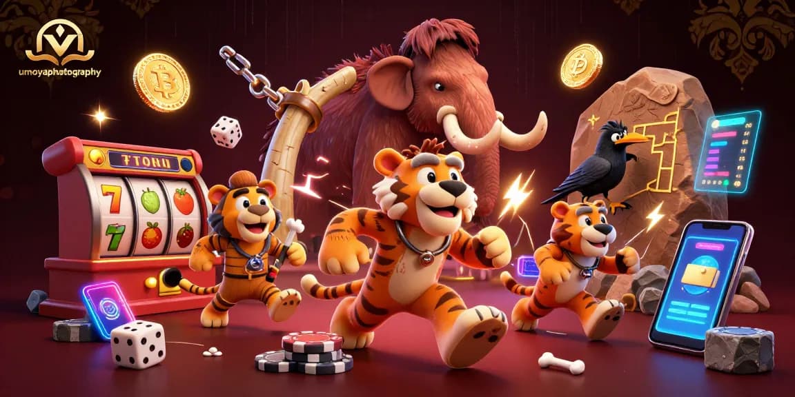 Engage with umoyaphotography's thrilling slot reels alongside a cartoon caveman duo in action.