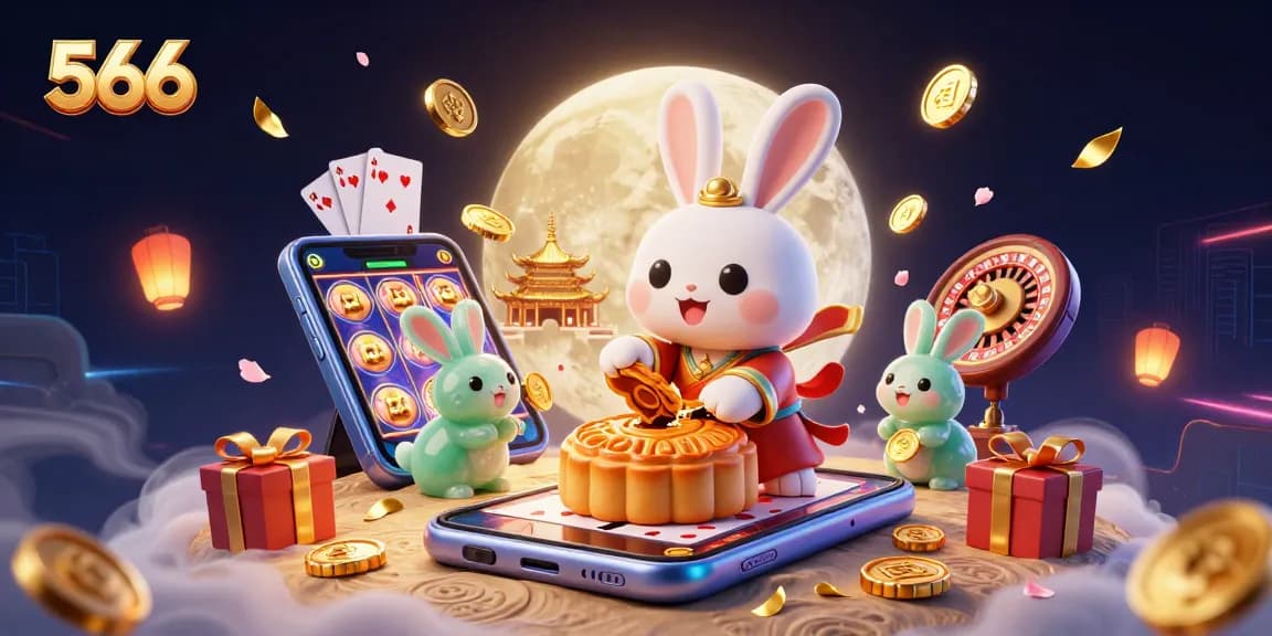 Experience thrilling casino action with 566 as a moon rabbit reveals poker chips amidst vibrant game elements.