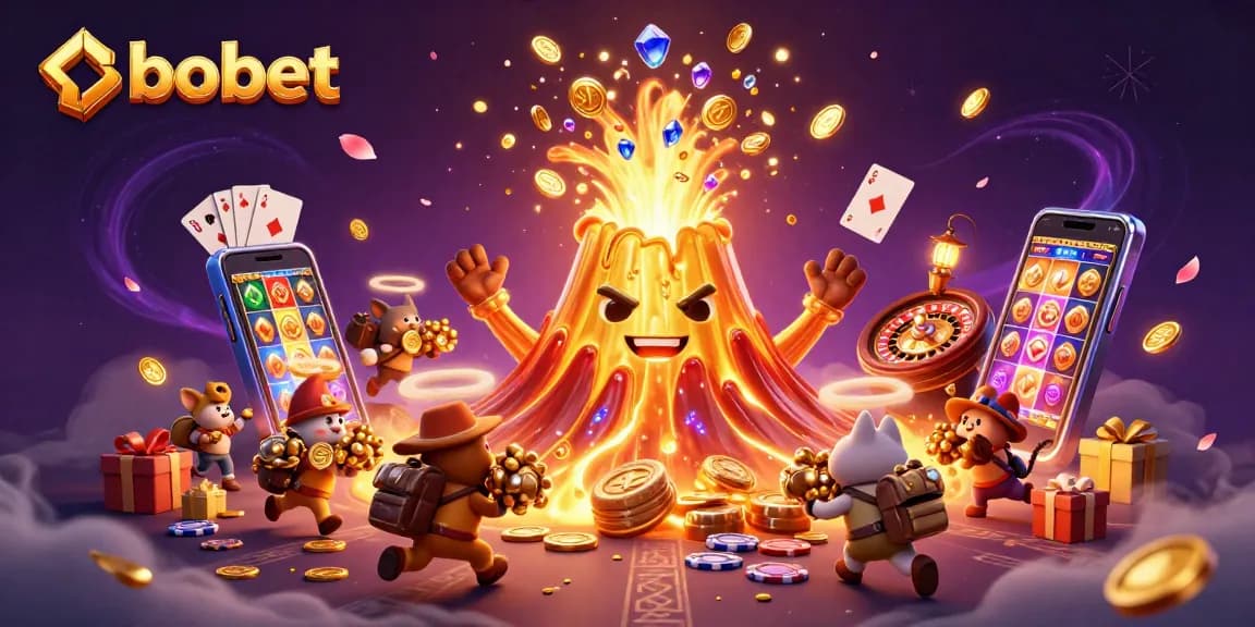 SBOBET offers a thrilling experience with a golden volcano erupting coins and treasures, showcasing premier betting action.