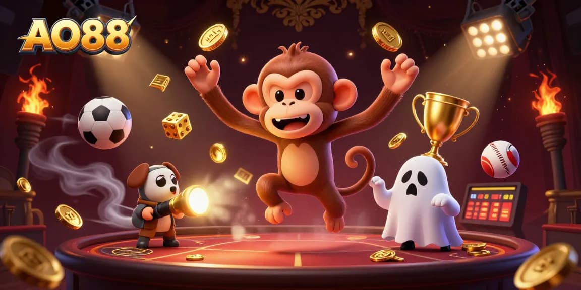 Experience the excitement of AO88 with a vibrant, dynamic illustration showcasing casino elements and interactive characters.