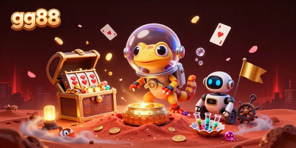 Spark winning moments at gg88 with a Martian gecko discovering a vibrant casino amidst dynamic gaming elements.