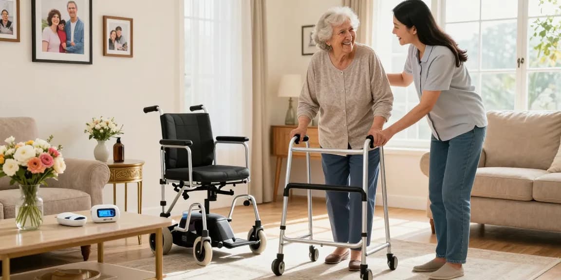 Engaging scene of buying nobility aids with elderly woman using a walker in a bright living room