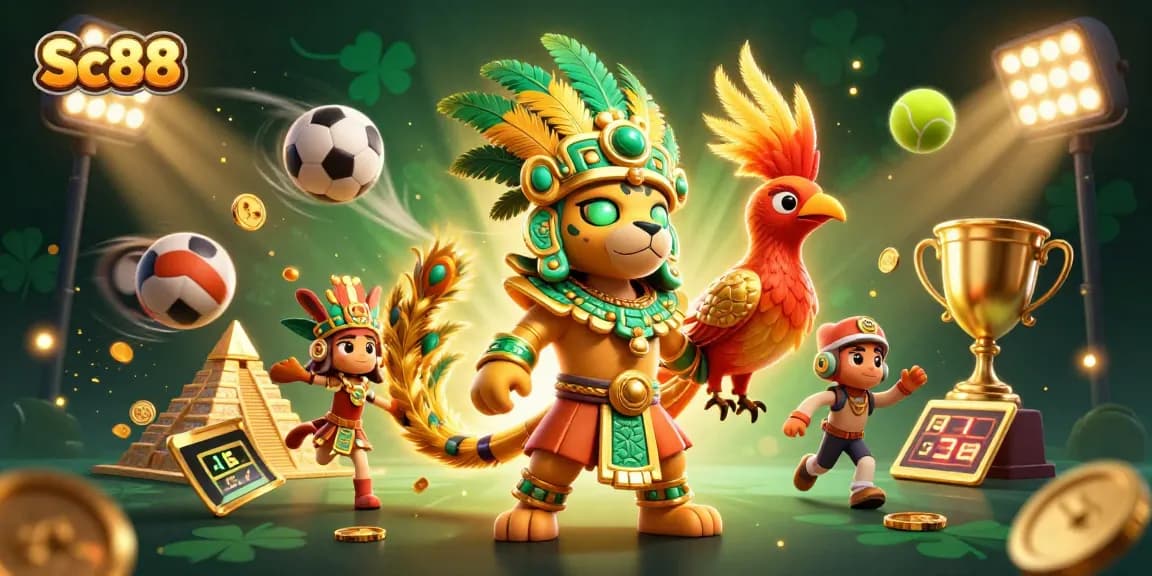 Experience thrill with Sc88's vibrant casino scene showcasing Mayan characters and dynamic sports elements.