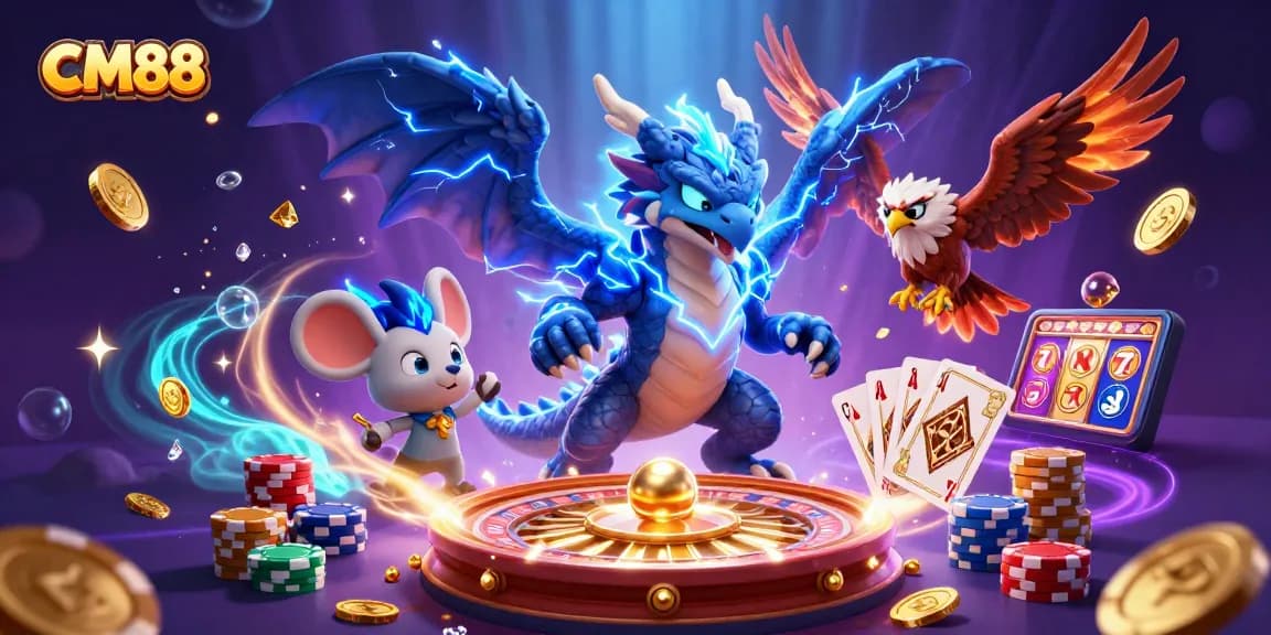 CM88 enhances gaming experience with a dynamic 3D casino scene featuring vibrant characters and game elements.