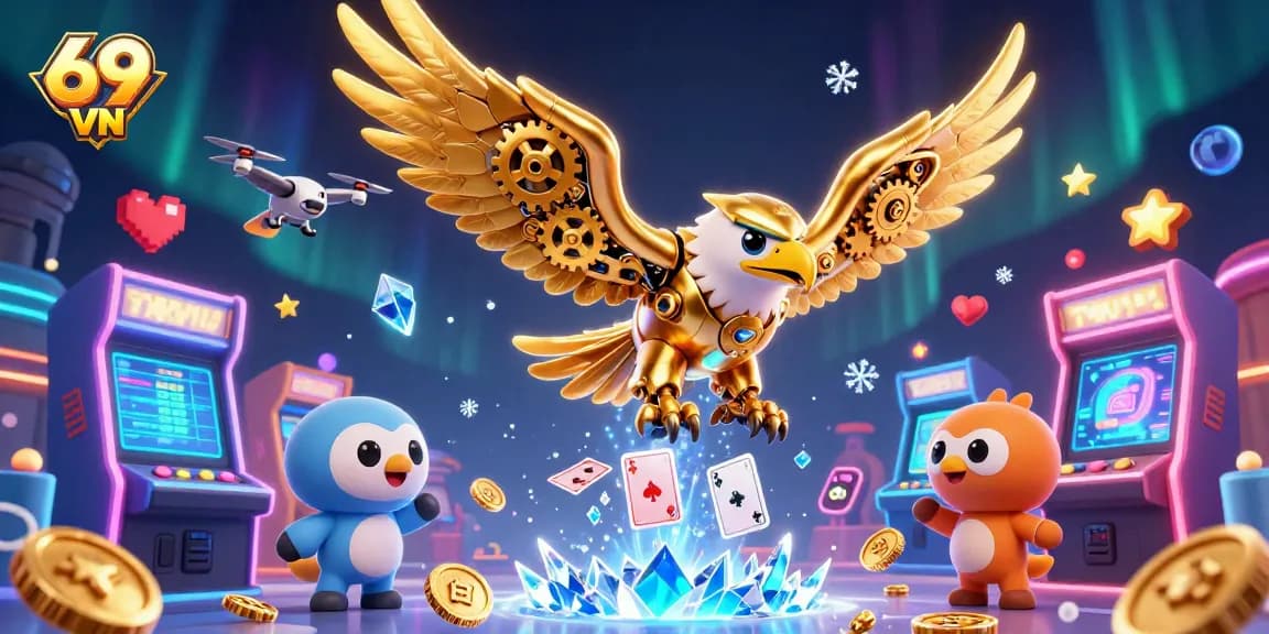 Engage with the thrilling 69 VN casino experience featuring a cybernetic eagle amidst colorful gaming elements.