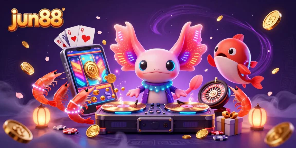 Experience the fun of jun88 with a vibrant underwater casino scene featuring a DJ and playful characters.