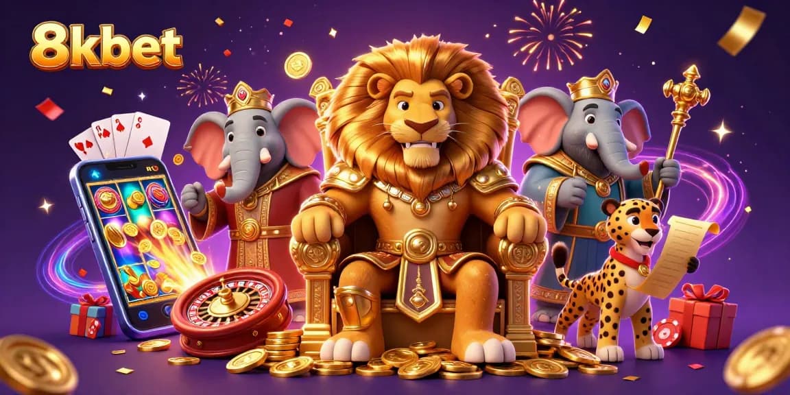 Experience thrilling action with 8kbet as the lion king enjoys wins surrounded by vibrant games and celebrations.