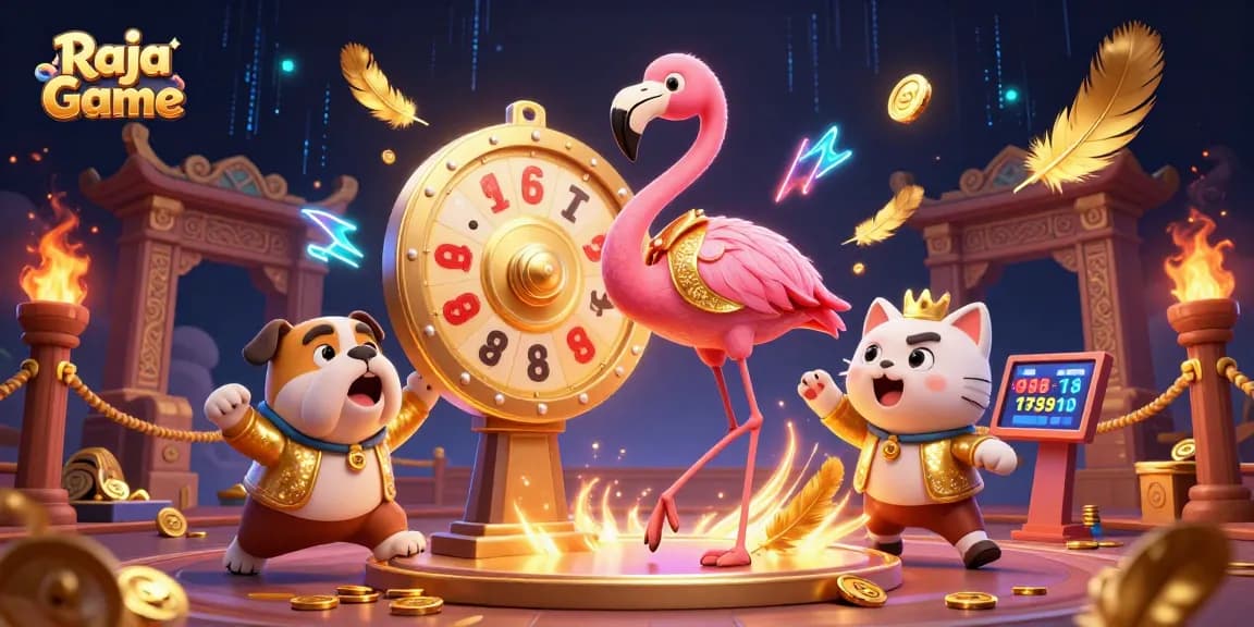 Engage with Raja Game as a flamingo host spins a massive prize wheel surrounded by thrilling gaming elements.