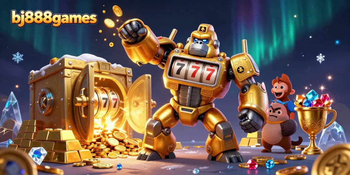 BJ888games showcases a dynamic scene with a golden gorilla mech punching upwards amidst sparkling treasures and gems.