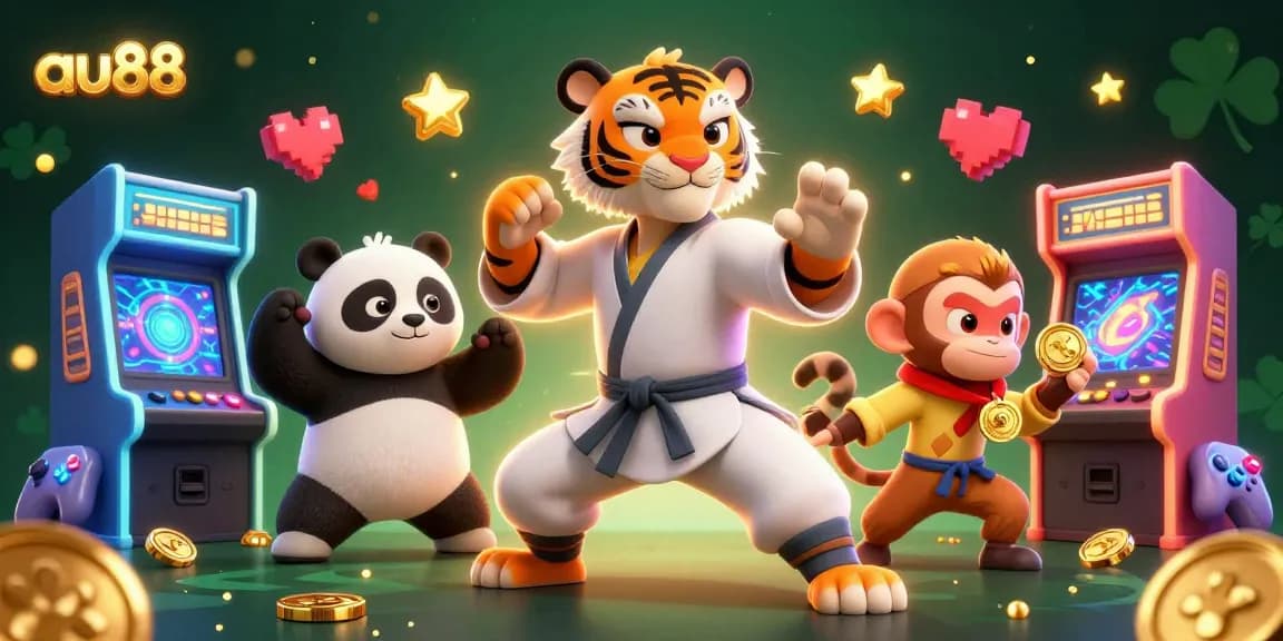 Experience thrilling games at au88, where a kung fu tiger master engages players in a vibrant, action-packed illustration.