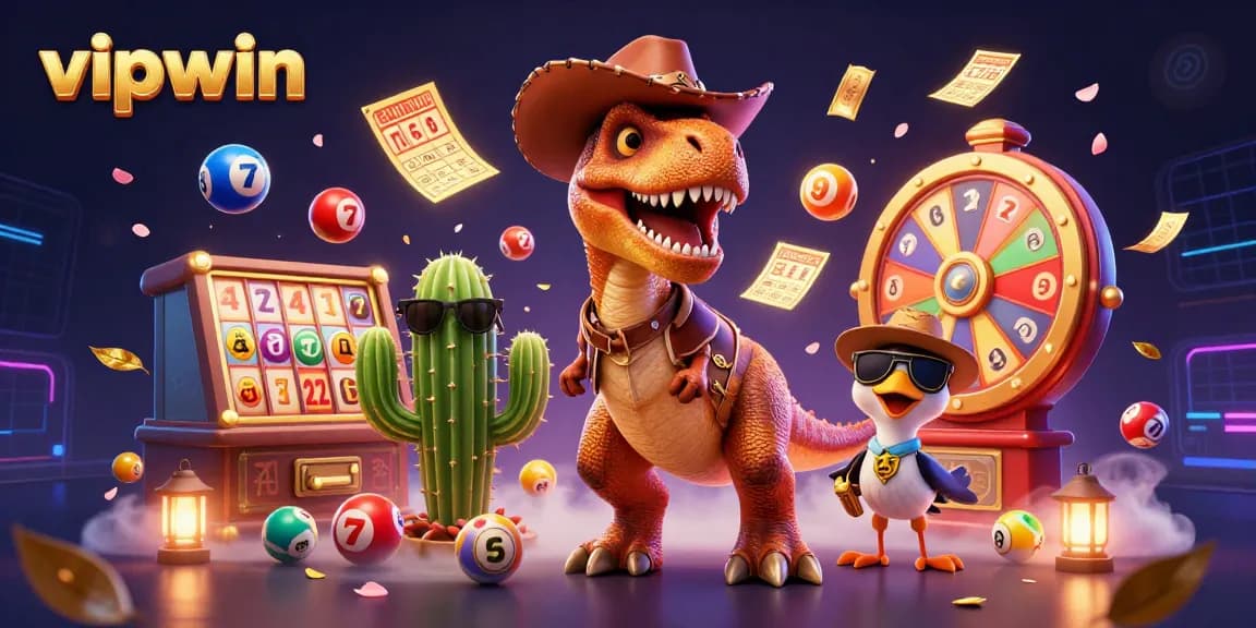 Join vipwin fun with a T-Rex, cactus, and roadrunner in a vibrant casino scene.
