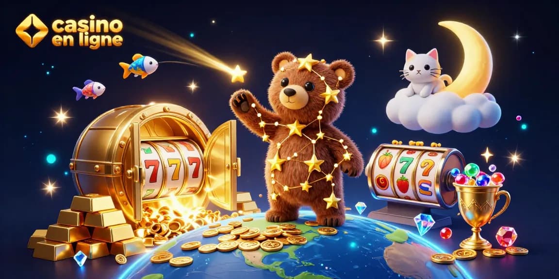 Jouez aux machines à sous dans un casino en ligne avec des personnages animés et des trésors éclatants.