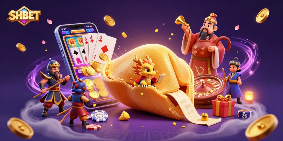 Experience the fun of SHBET with a vibrant scene featuring a golden cookie character amidst a slot game adventure.