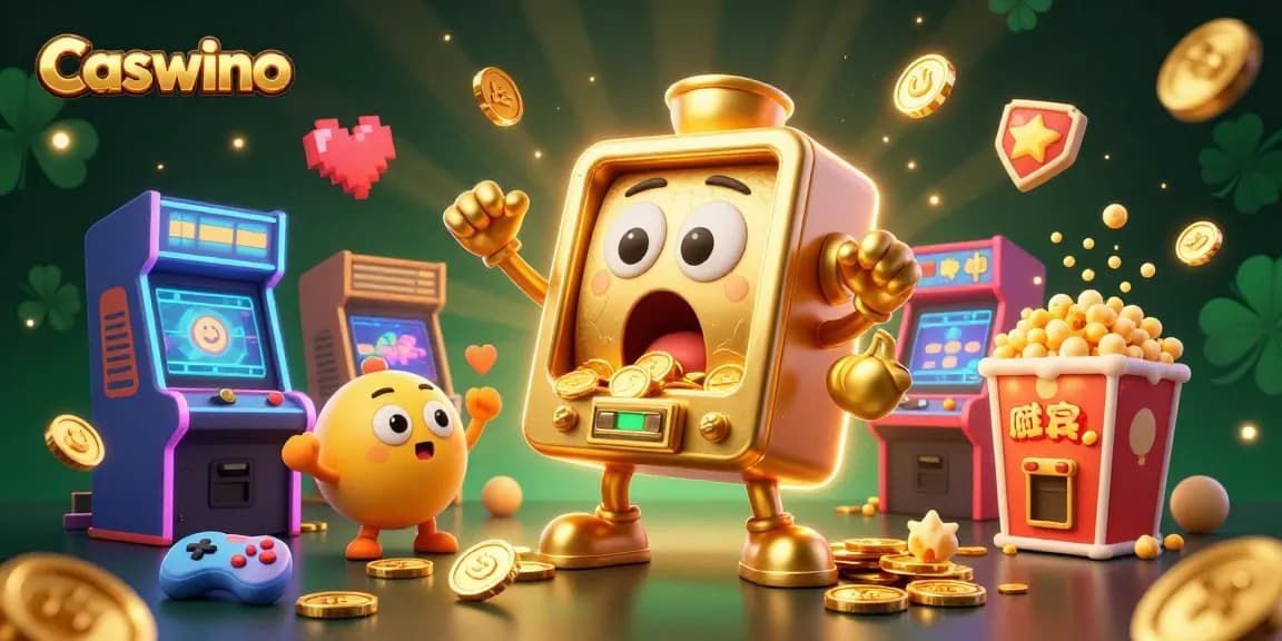 Caswino's golden slot machine celebrates a jackpot with cheering baby machines amid vibrant casino elements.