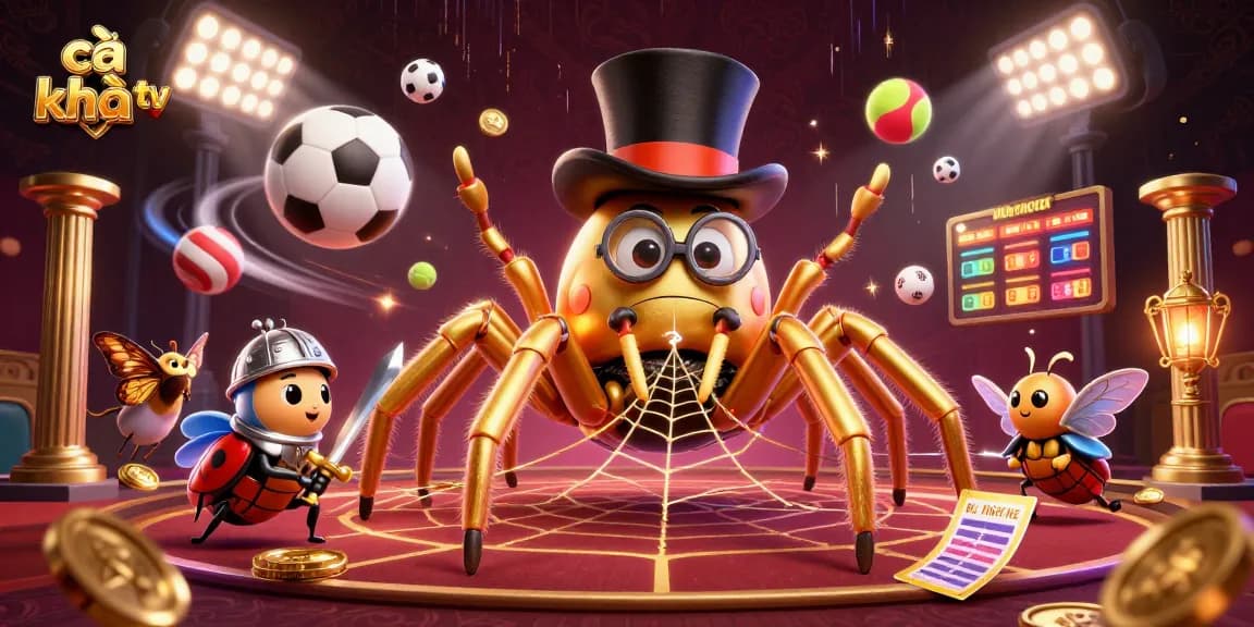 The vibrant scene showcases cà khịa tv as a dynamic gaming hub with a golden tarantula and beetle knight amidst sports balls and betting slips.