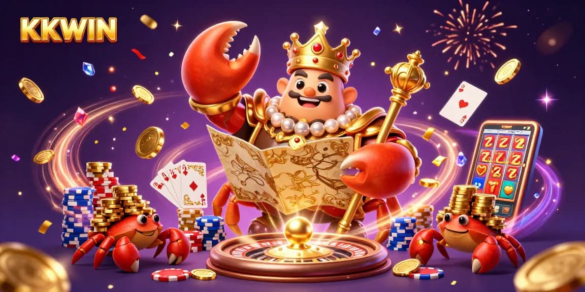 Experience the excitement of KKWIN with a golden crab emperor, treasure map, and vibrant casino elements.