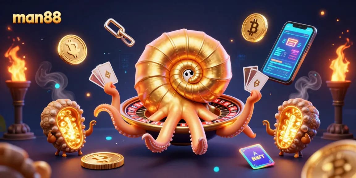 Place bets with man88's thrilling ancient nautilus themed 3D casino illustration featuring cards and coins.