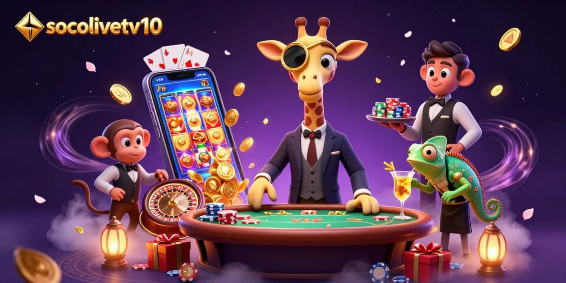 Socolivetv10 brings dynamic action to a lively gaming scene filled with colorful slot games and energetic characters.