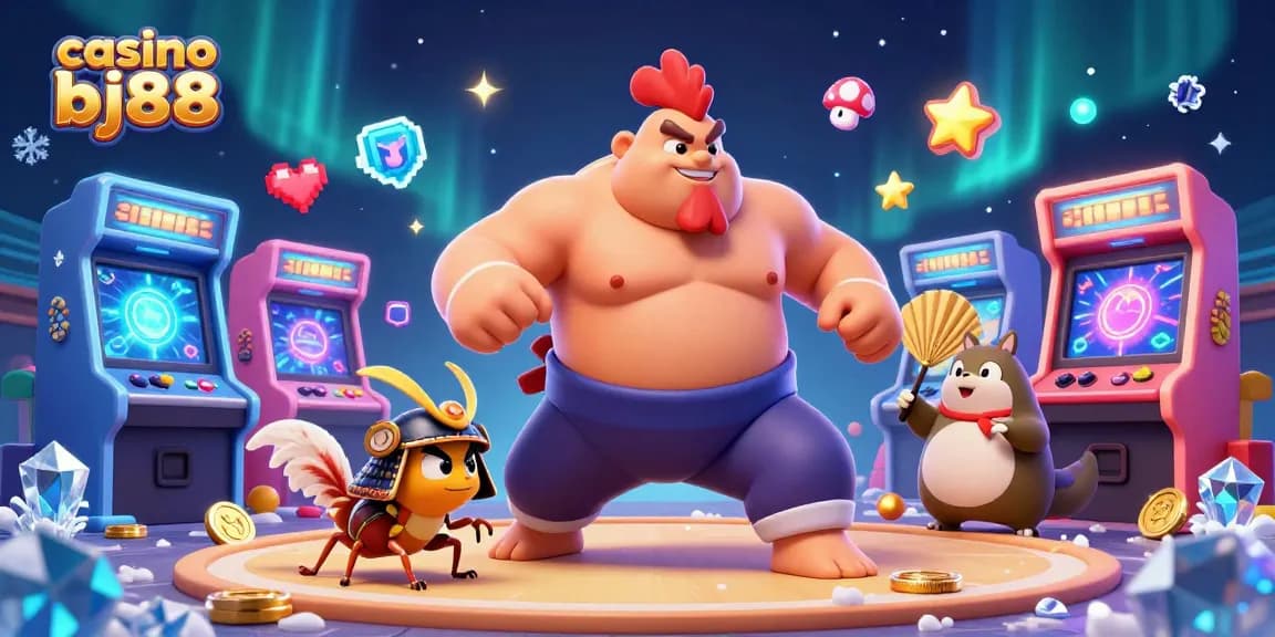 Enjoy the thrilling atmosphere of casino bj88 with a powerful sumo rooster character and engaging game elements.