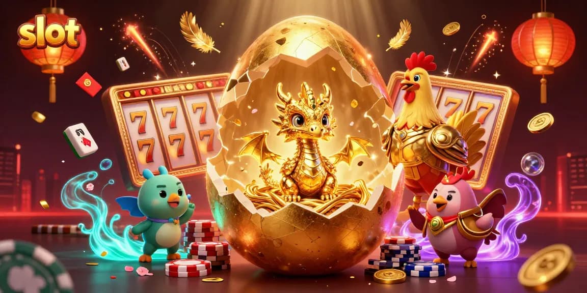 Spin the slot reels with a golden baby dragon and vibrant casino elements enhancing luck.