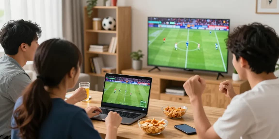 Friends enjoying live football streaming on Multicanais in HD, with snacks and excitement in a cozy home setting.