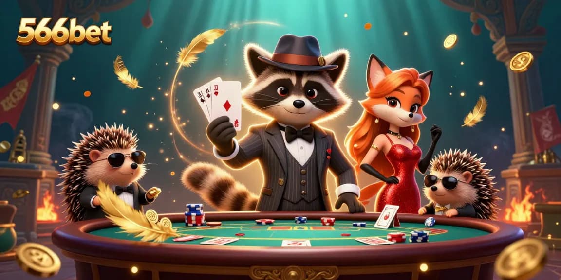 Win big with 566bet as the raccoon holds a royal flush at a lively casino table.