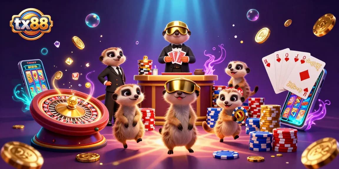 Experience the thrill of tx88 with a lively meerkat casino scene featuring dynamic gaming elements.