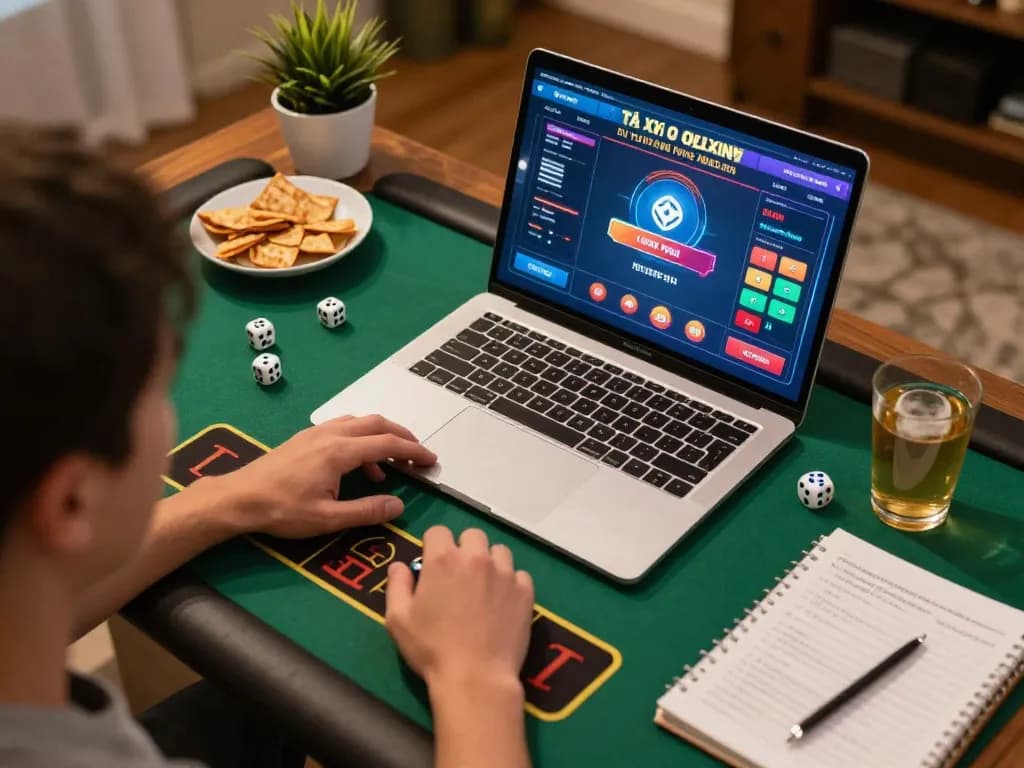 Engaging in tài xỉu online while enjoying cozy home atmosphere with snacks and strategy notes