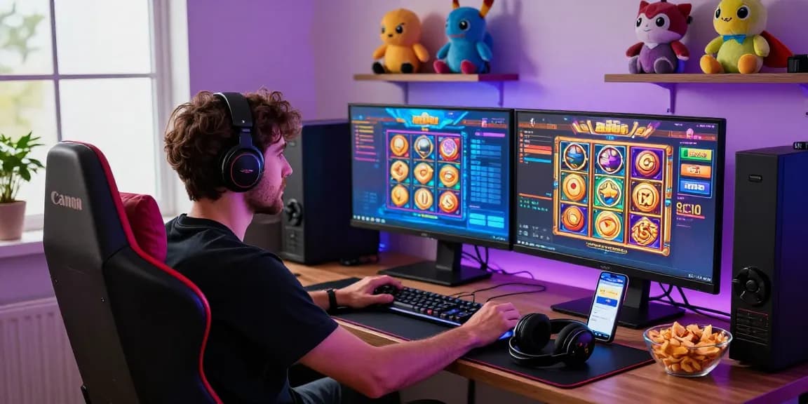 Gamer enjoying slot depo 1k on multiple monitors with snacks and vivid LED lights in a cozy gaming room.
