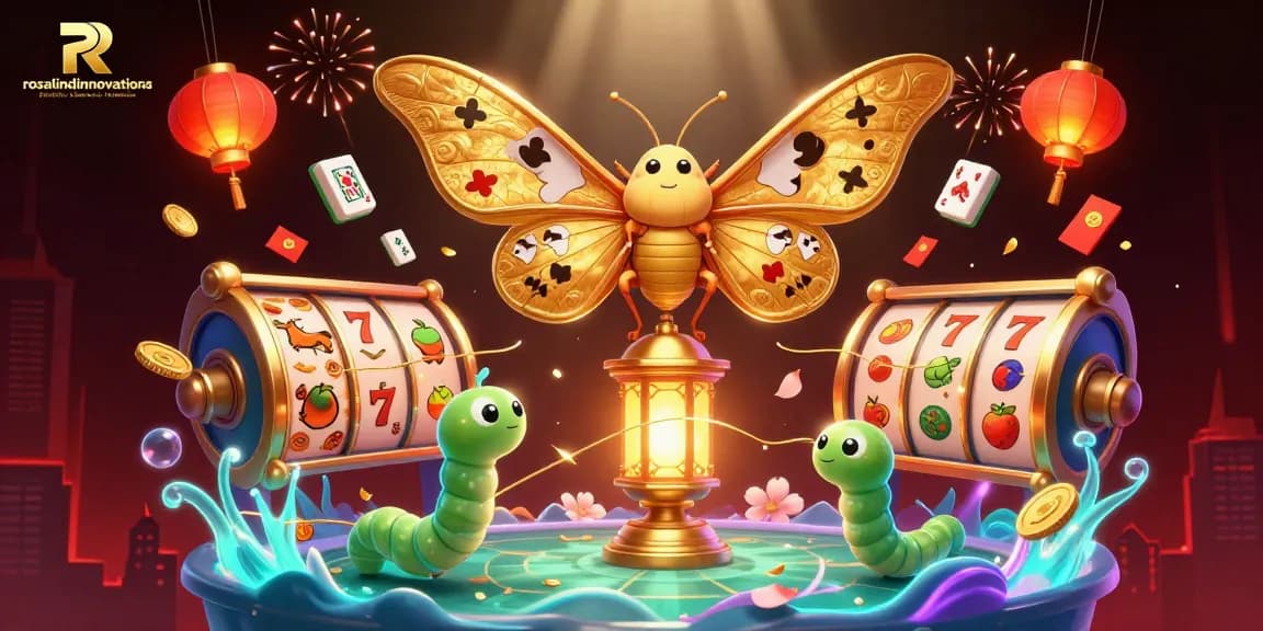rosalindinnovations showcases a vibrant casino scene with a majestic moth and golden slot elements spinning.