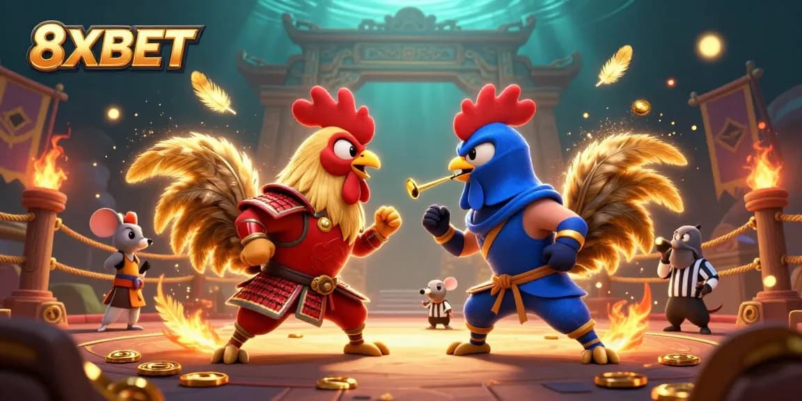 8XBET features twin fighting roosters symbolizing thrilling bets in an epic gambling showdown.