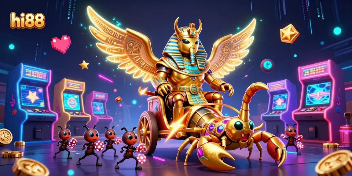 Engage with thrilling casino games at hi88 featuring a golden scarab beetle in an electrifying chariot.