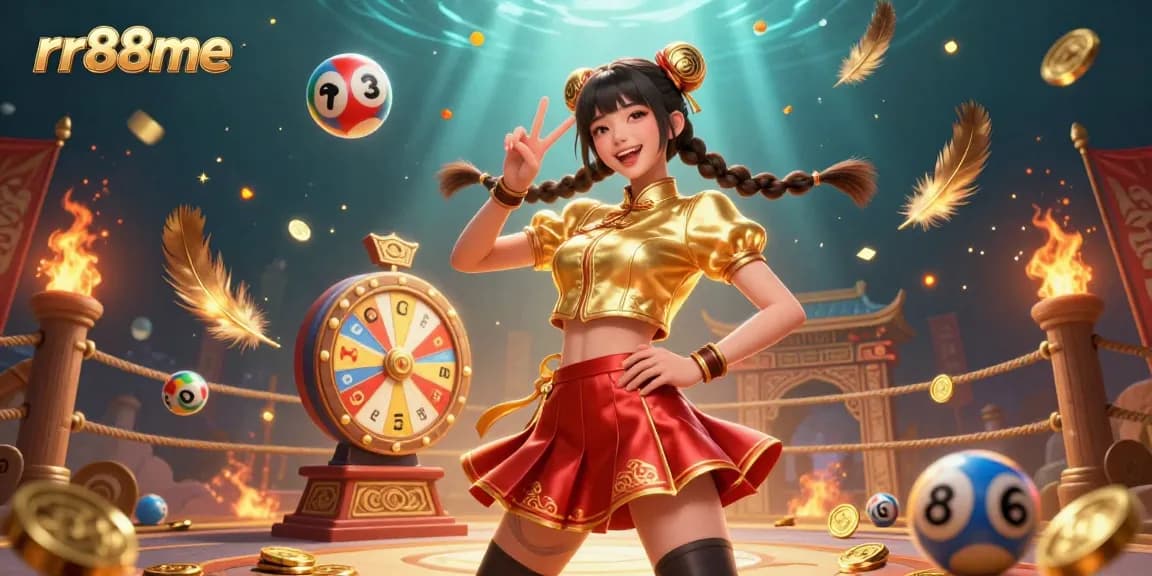 Experience thrilling gaming with rr88me, featuring a joyful Asian woman amidst colorful lottery elements and vibrant casino symbols.